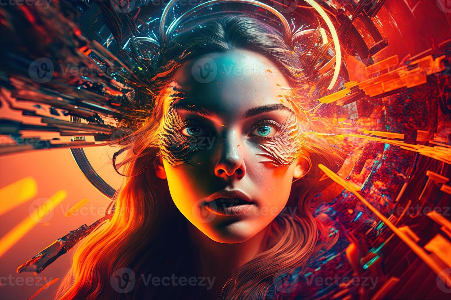illustration of an enthusiastic young women wearing virtual reality goggles is inside the metaverse. Metaverse concept and virtual world elements. Games and entertainment of the digital photo