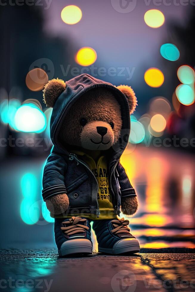 toy cute Bear in clothes jacket and sneakers on street background with neon lighting, photo