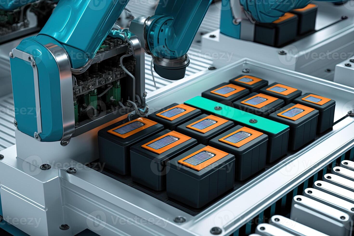Interior of industry factory, Robot assembly line with electric car battery cells module on platform. photo