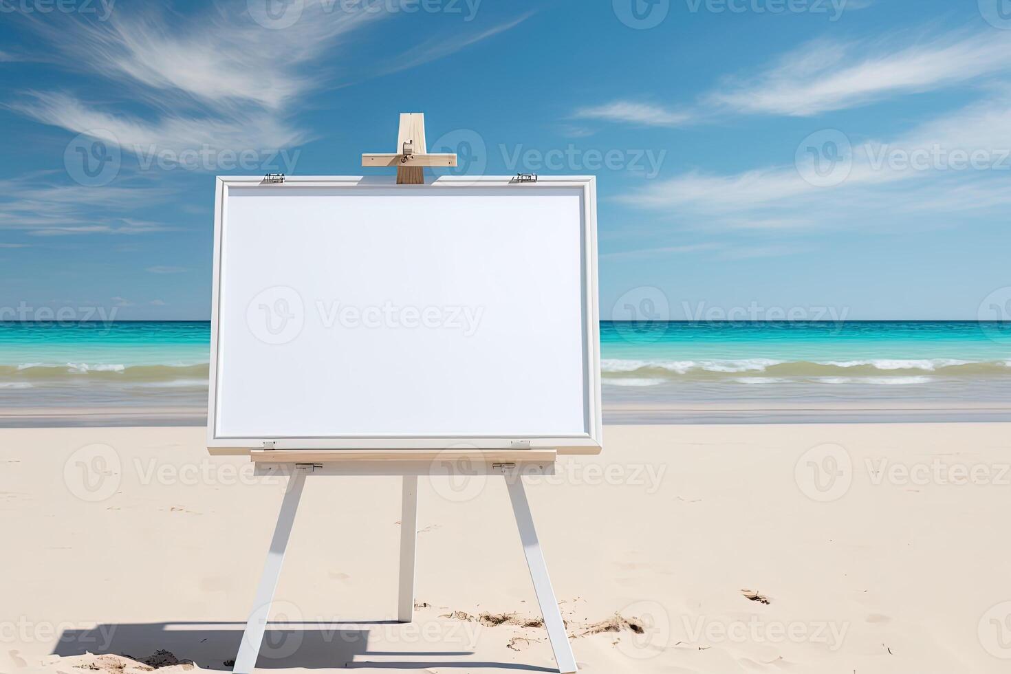 blanco blanco artista marco en un pequeño de madera caballete en verano mar playa antecedentes con Copiar espacio. publicidad Bosquejo mesa de trabajo para imágenes o obra de arte pintura marco modelo bandera. generativo ai foto