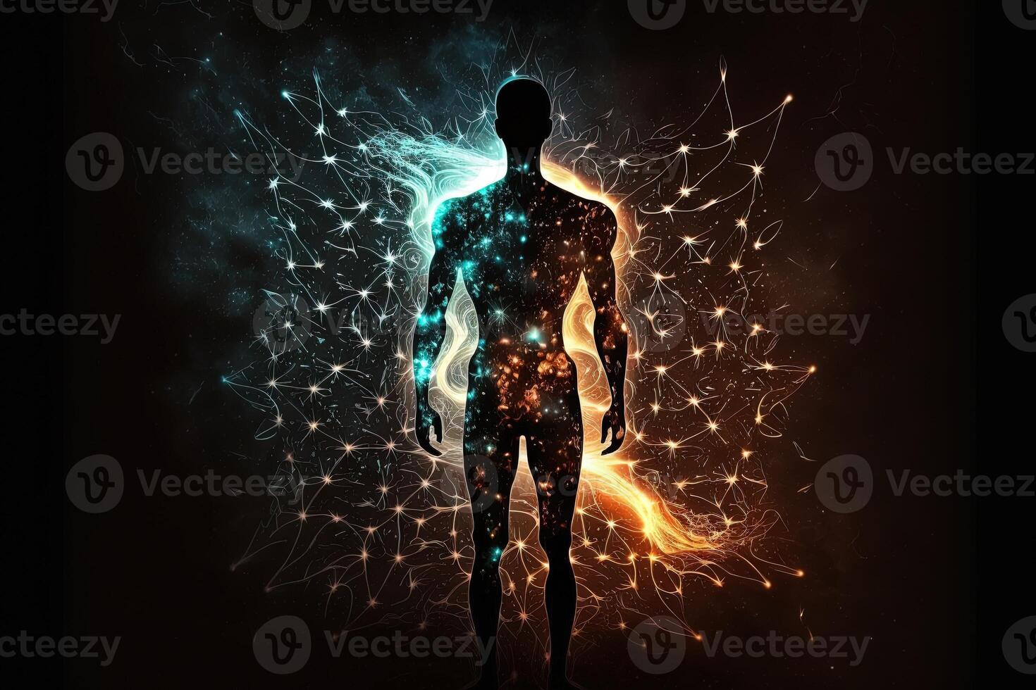 Astral body silhouette with abstract space background. Esoteric, spiritual life and meditation concept. Afterlife and connection with other worlds. Created with photo