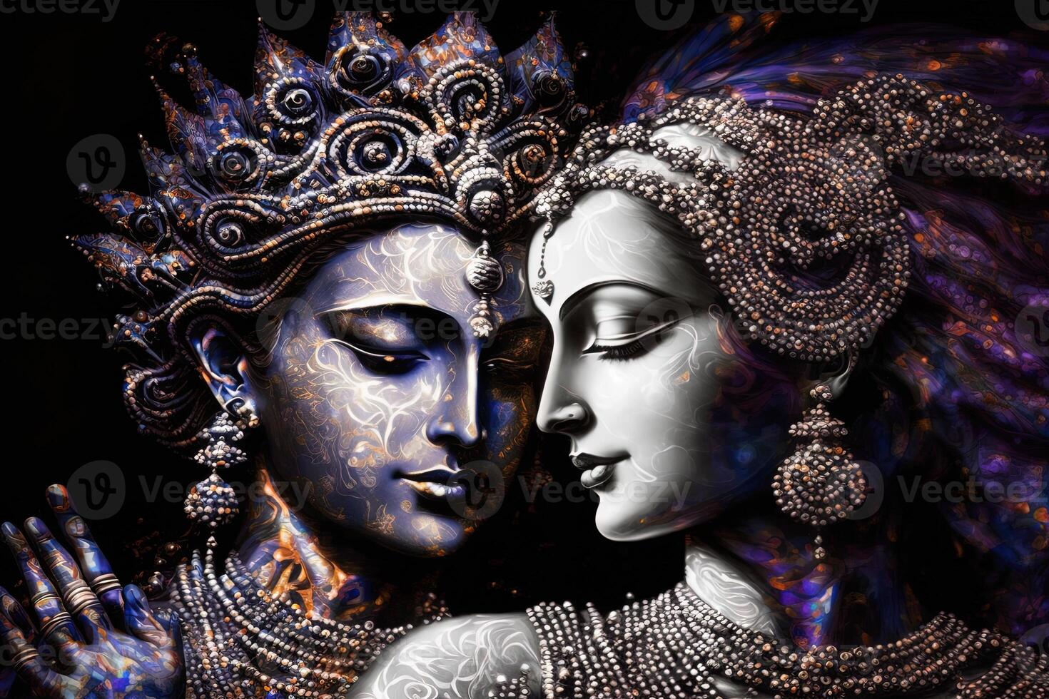 Radha krishna in love medium shot photography portrait of cosmic galactic . symbol of Devine Love. Art Print For Home Decor hindu couple on abstract decorative background photo