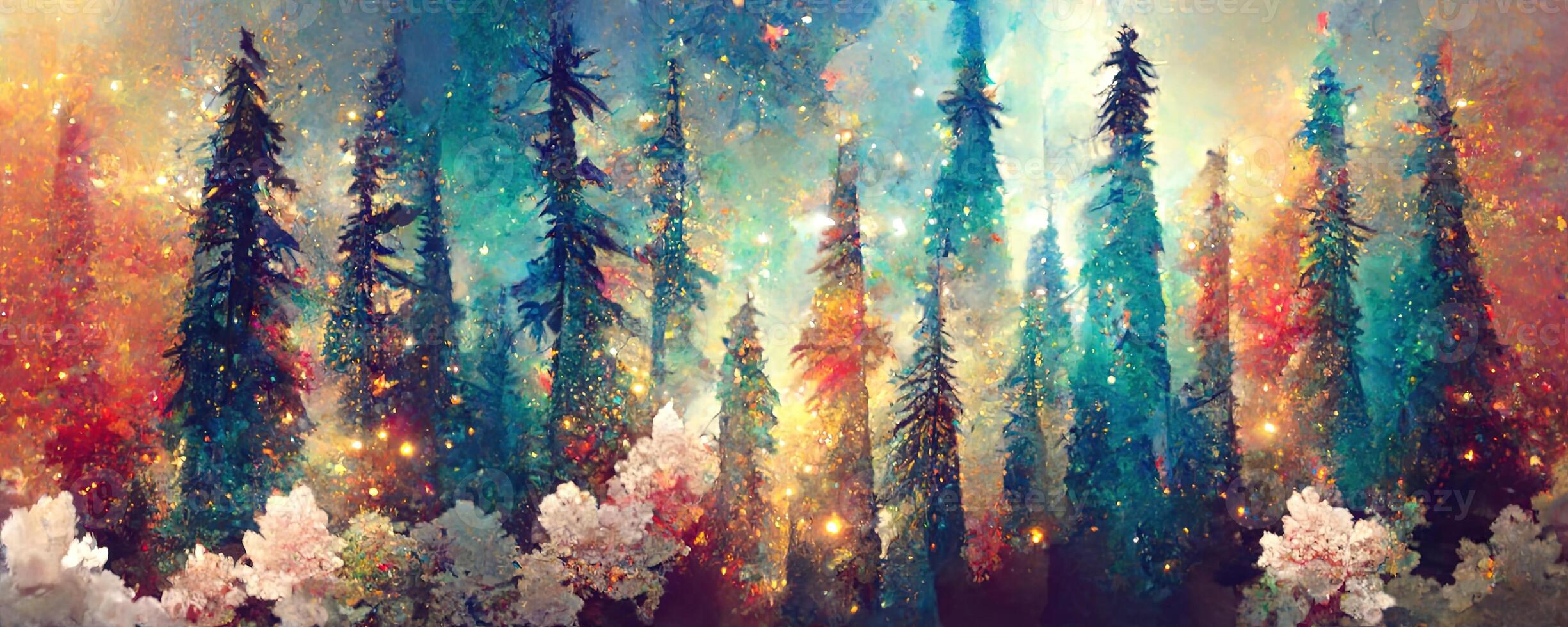 artistic colorful mosaic pattern christmas tree forest milky way at the background. Collage contemporary print with trendy decorative mosaic pattern with different colors, modern art. photo