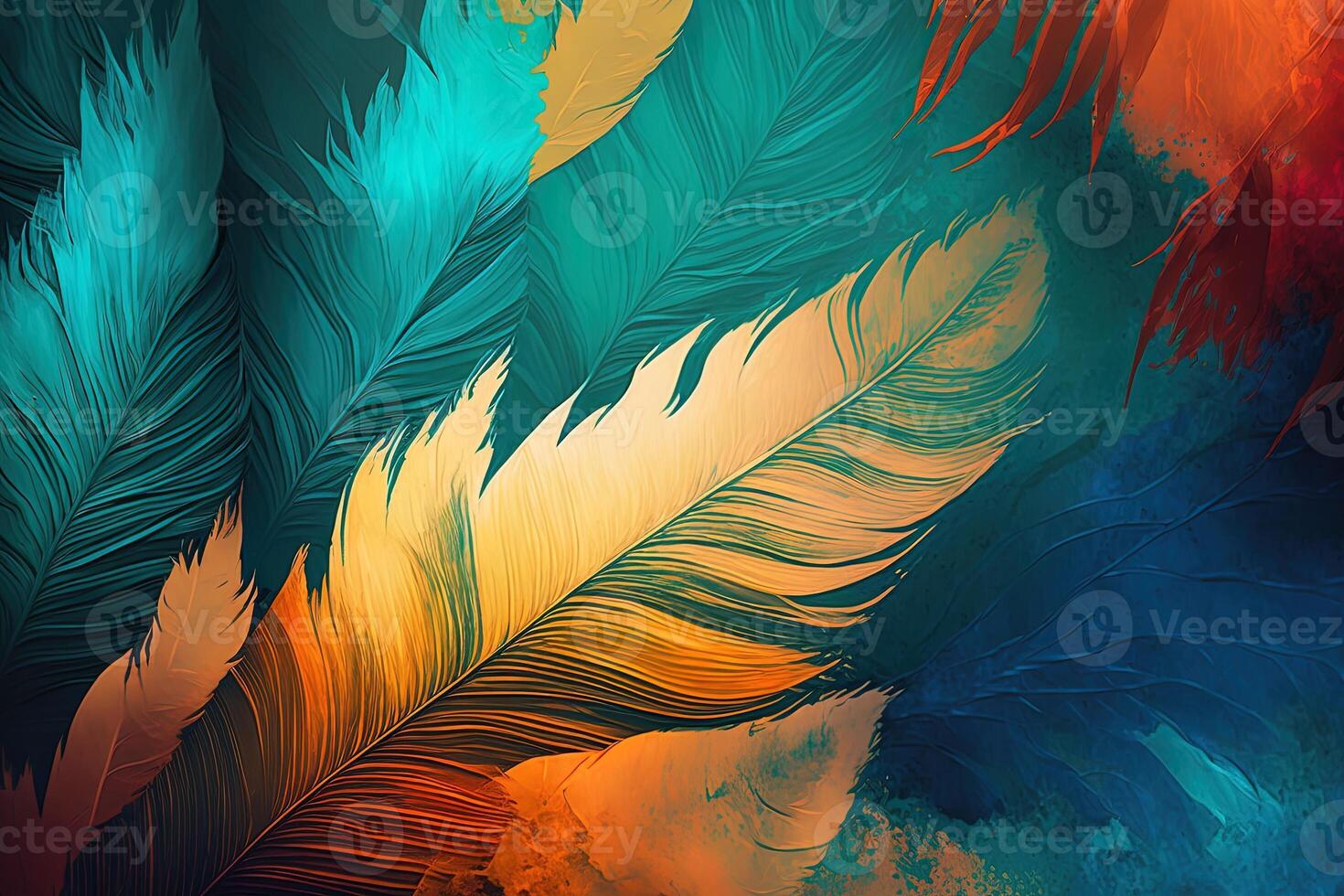 Abstract background with feather pattern, gradients and texture, digital painting in blue, green and gold, red, teal, orange colors, created with photo