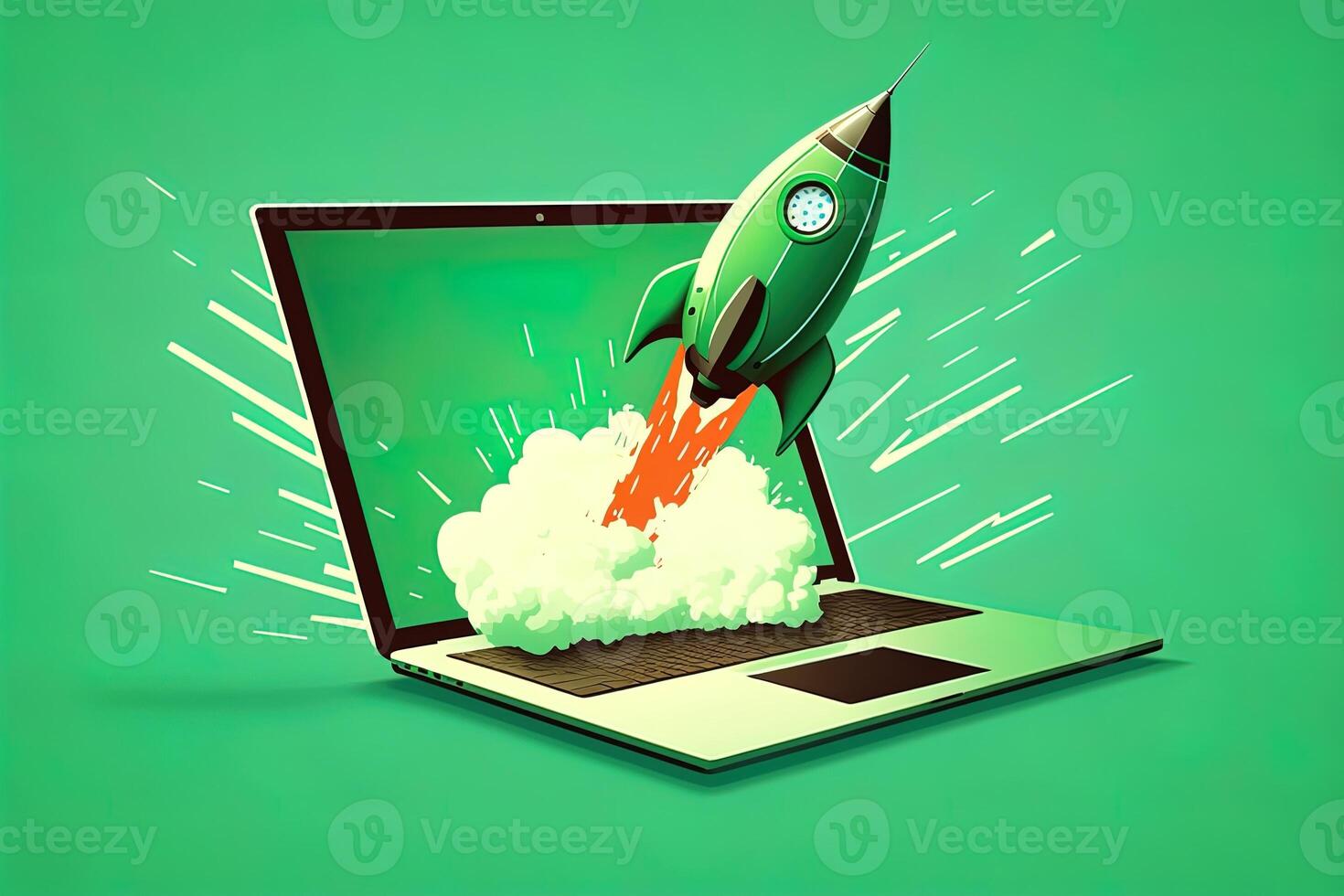Rocket coming out of laptop screen, green background. AI digital illustration concept of ideas and start up. photo