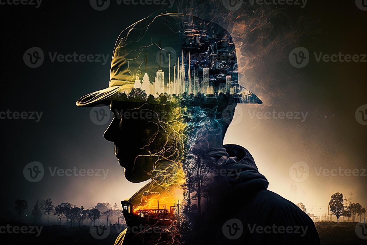 Conceptual graphic design of an energy sector and future manufacturing. With double exposure artwork, an oil, gas, and petrochemical refinery facility demonstrates the future of power. photo