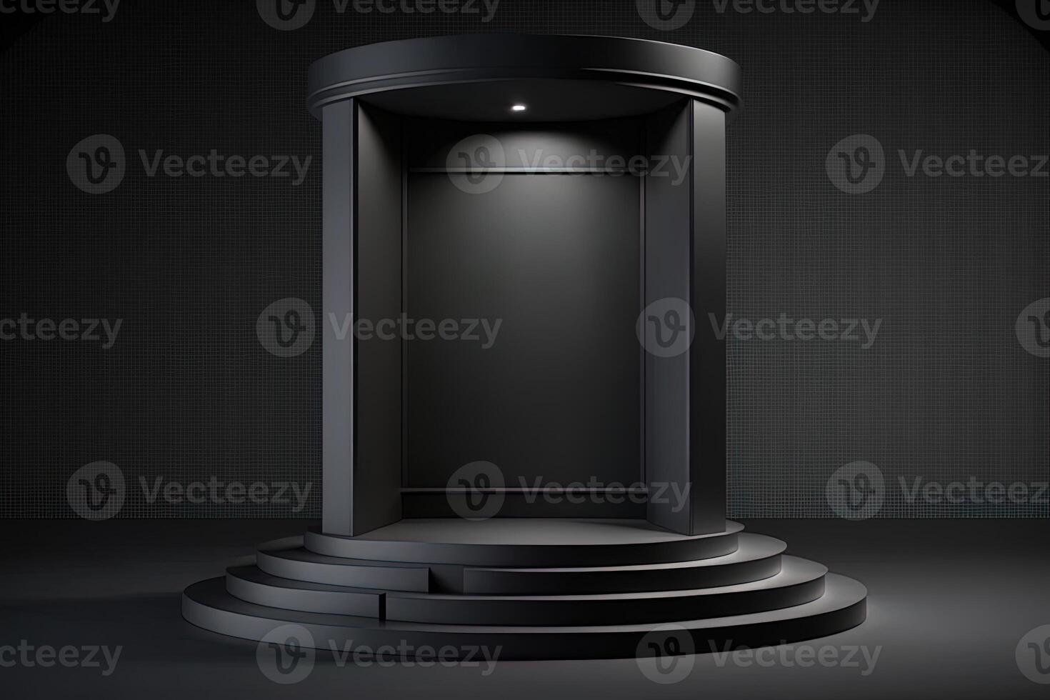 black background and product podium stand studio. Elegant black cube stand for product placement mockup. Minimal box platform showroom with spot light. photo