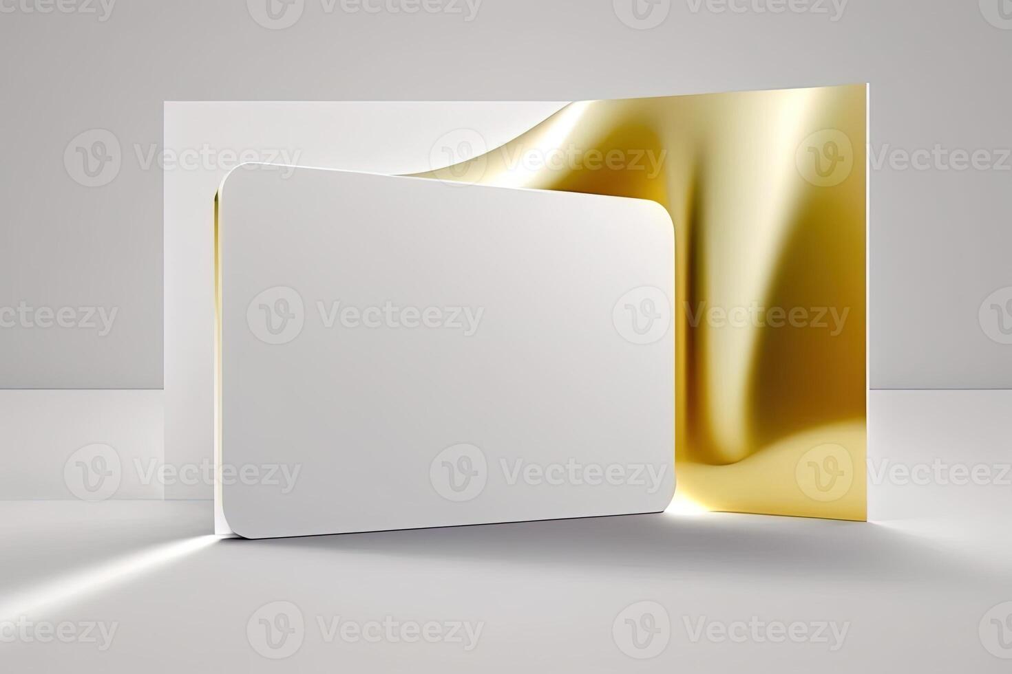 a white card for mockup, horizontal rectangular with rounded corner shapes, front view, stunning light, studio light, reflexion of hundred fine lines of gold reflection, white background photo