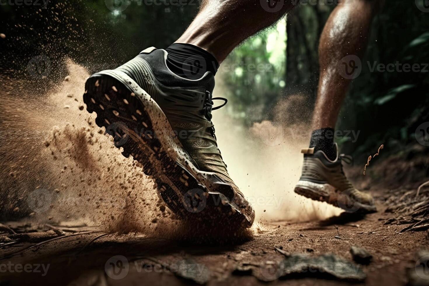 Close-up at the runner feet is running on the dirt route at the jungle, street and road. Trail running sport action and human challenge concept. photo