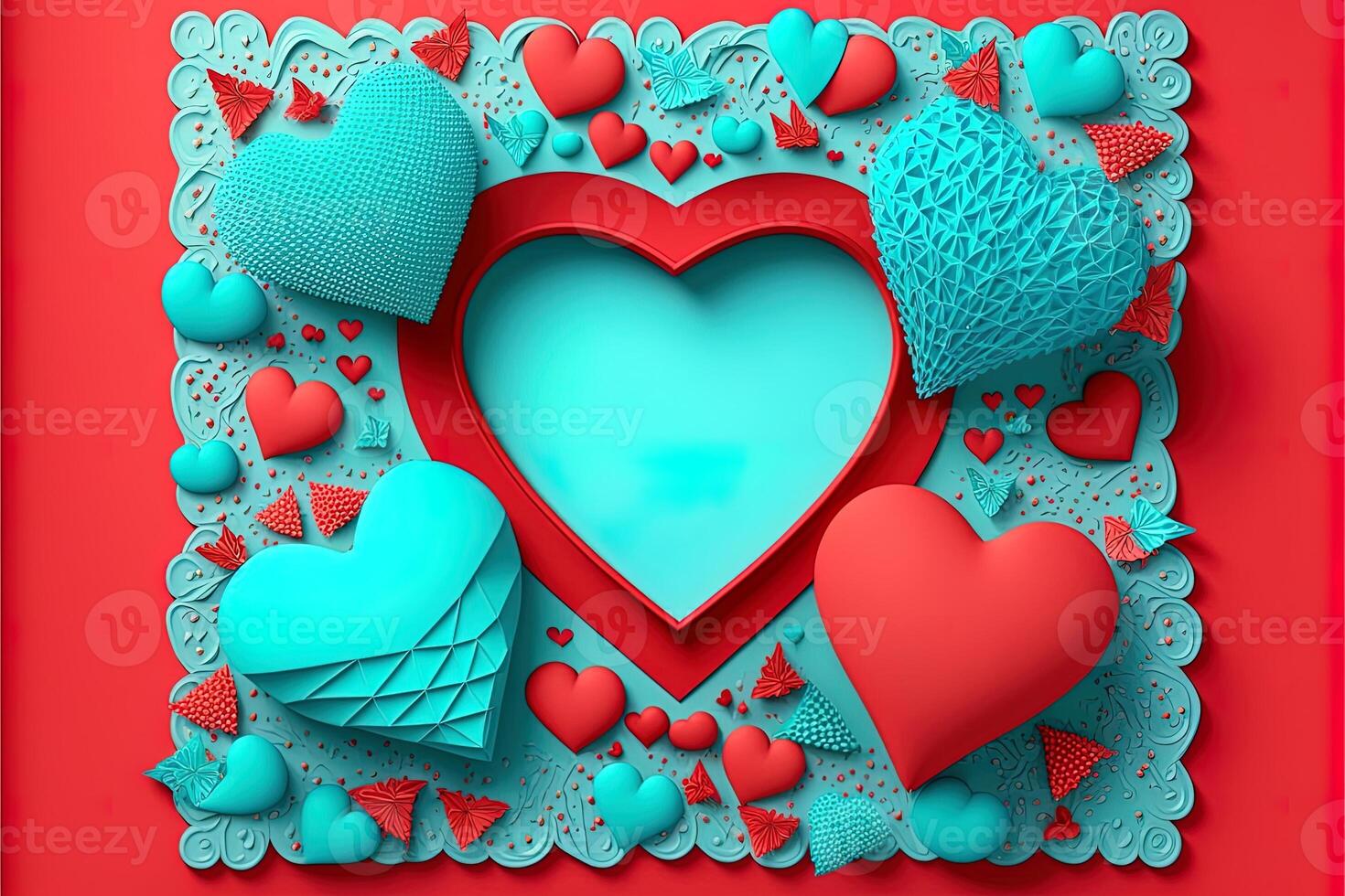 Valentine frame and banner. Red, blue, cyan, pink decoration. flat lay, romantic. Love and valentine day concept. photo