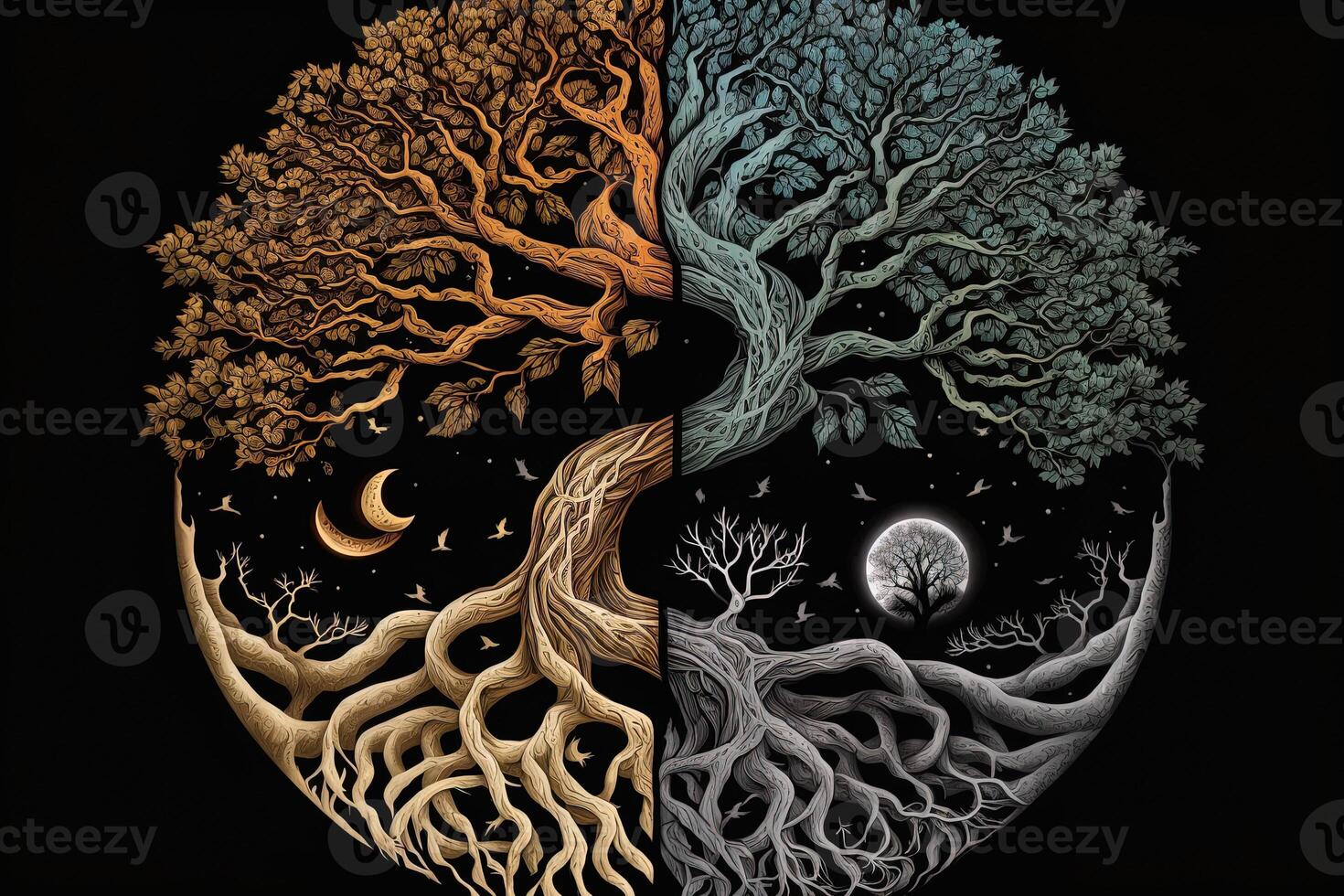 ying yang concepto de equilibrar yggdrasil árbol de vida nórdico mitología. equilibrar concepto. generativo ai foto