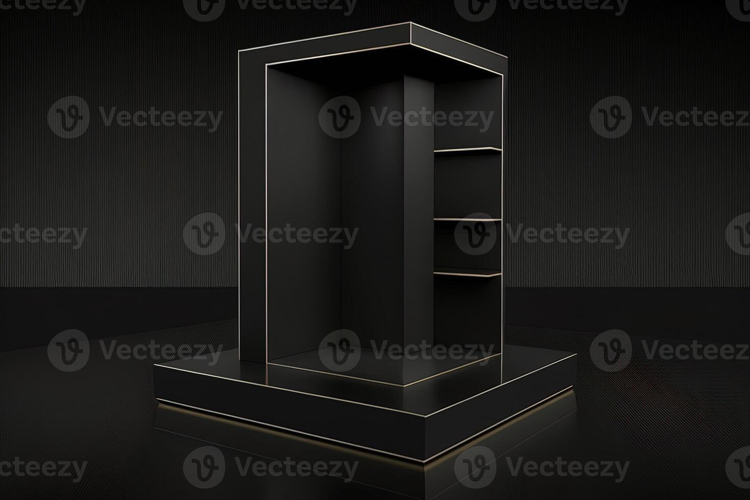 black background and product podium stand studio. Elegant black cube stand for product placement mockup. Minimal box platform showroom with spot light. photo