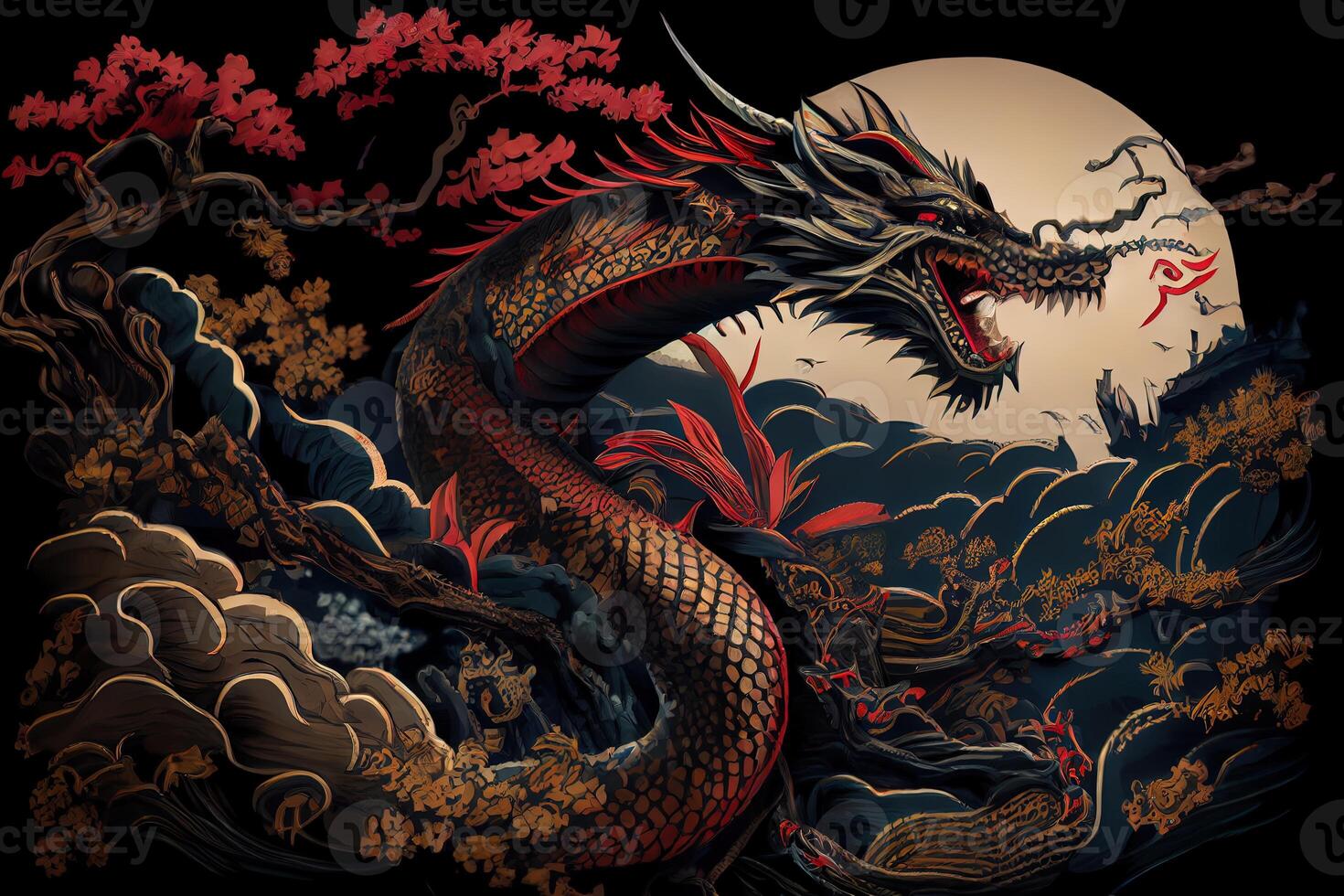 A highly detailed image of powerful dragon showing their full body, the