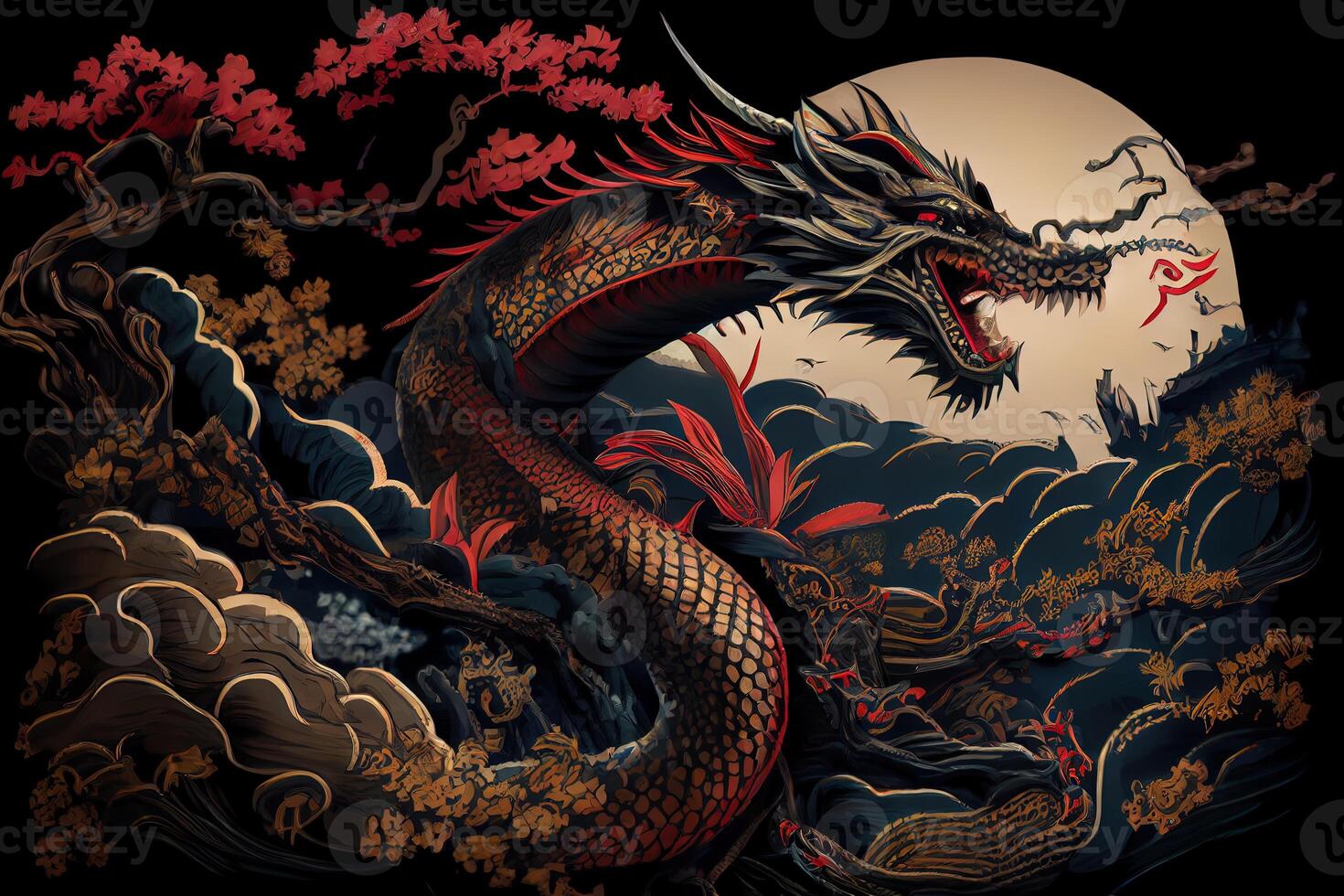 A highly detailed image of powerful dragon showing their full body, the character style will represent japan or Asian. Illustration of ancient asian dragon on black background. photo