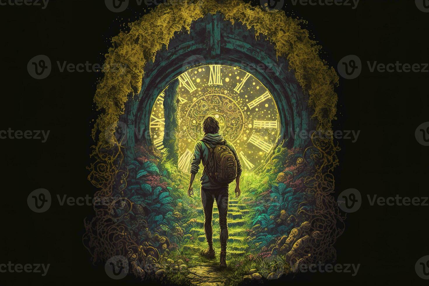 A young person wanders through an ancient labyrinth overgrown with moss, vines, and wildflowers. Maze runner. Wallpaper photo