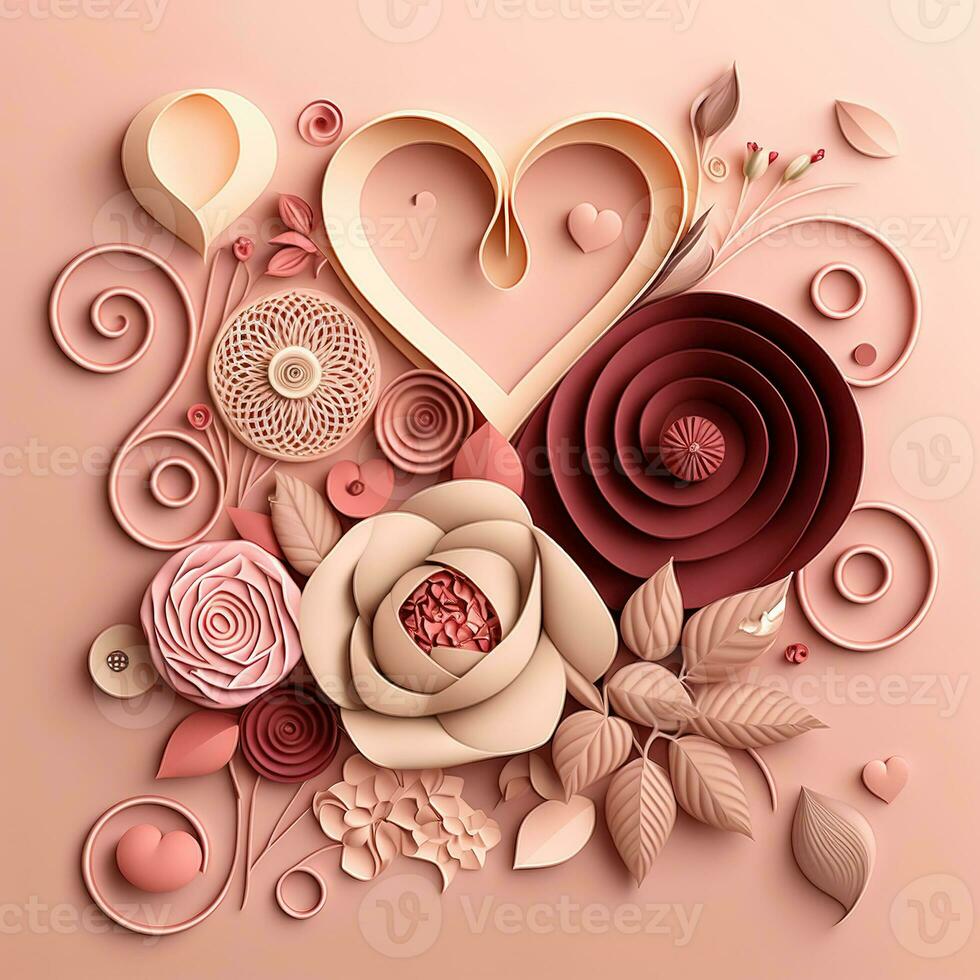 Paper cut quilling multidimensional valentine day with heart, flower and chocolate on pink background. Valentine day concept photo