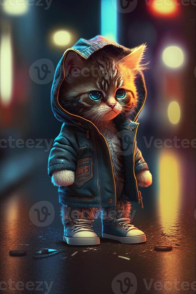 toy cute cat in clothes jacket and sneakers on street background with neon lighting, photo