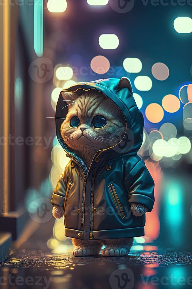 toy cute cat in clothes jacket and sneakers on street background with neon lighting, photo
