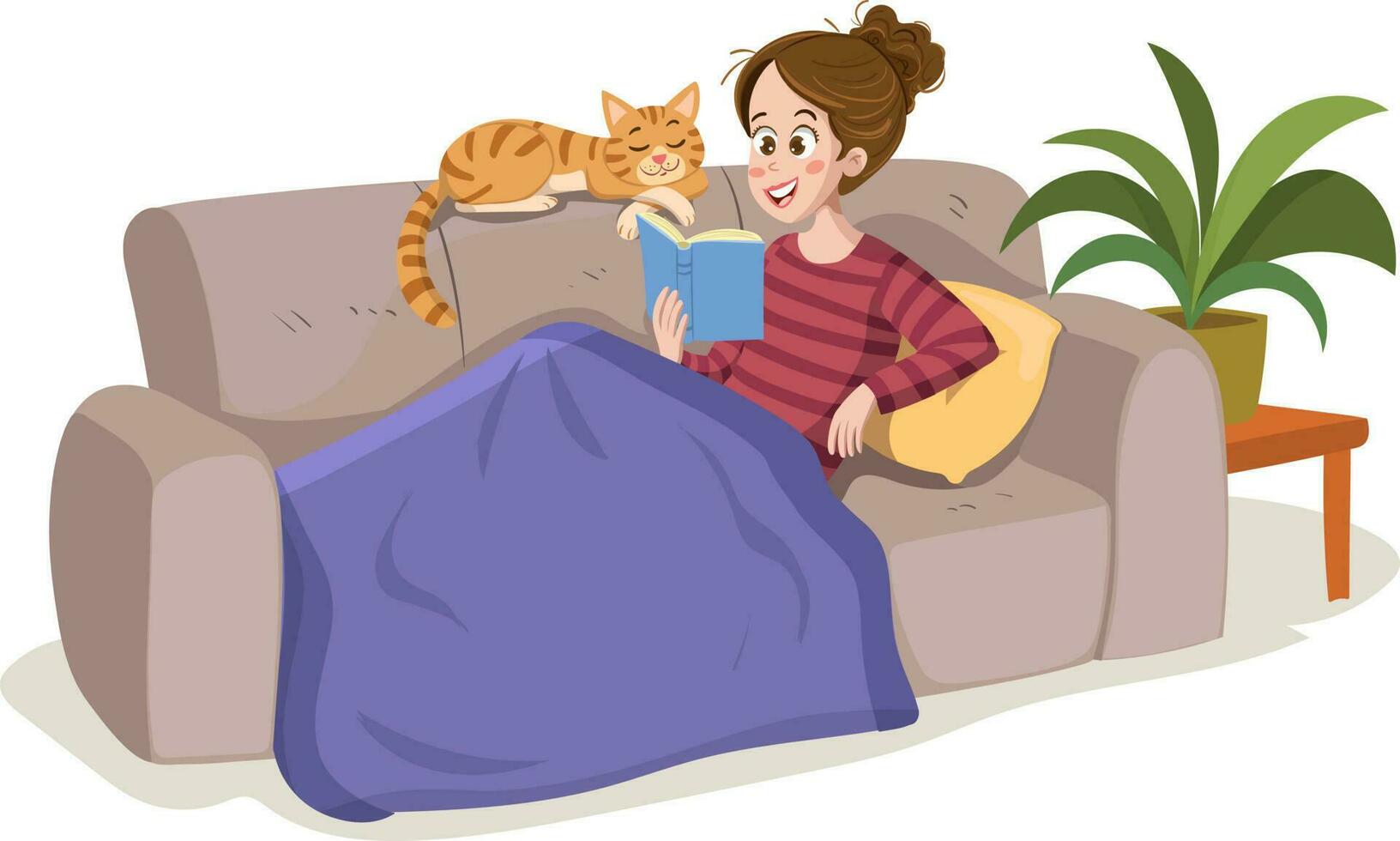 young girl book reading sofa cartoon vector