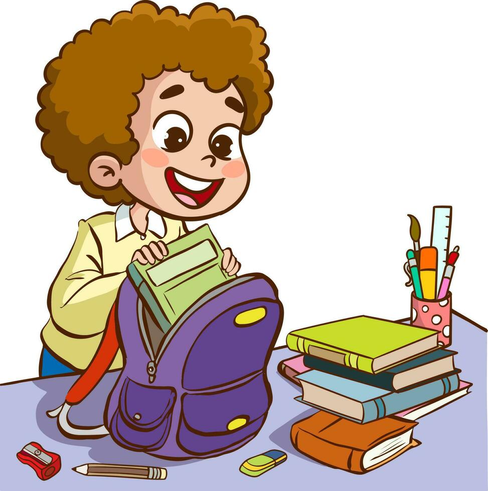 kids preparing his school bag vector