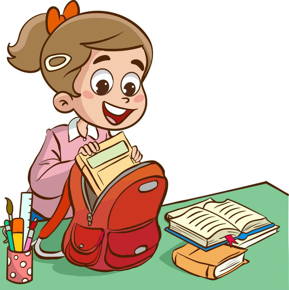 kids preparing his school bag vector