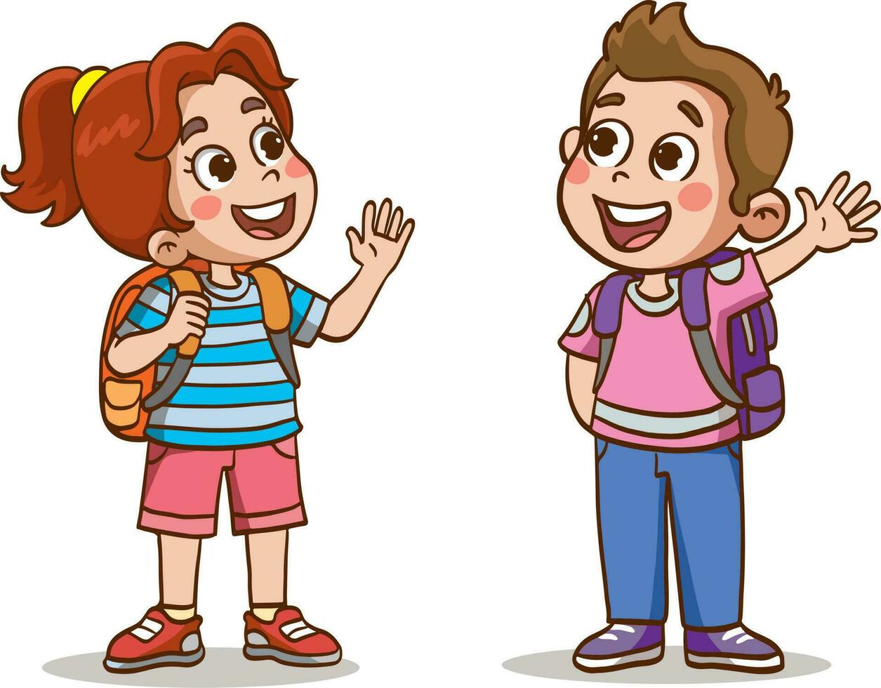 un niño pequeño saluda a un amigo y van juntos a la escuela vector