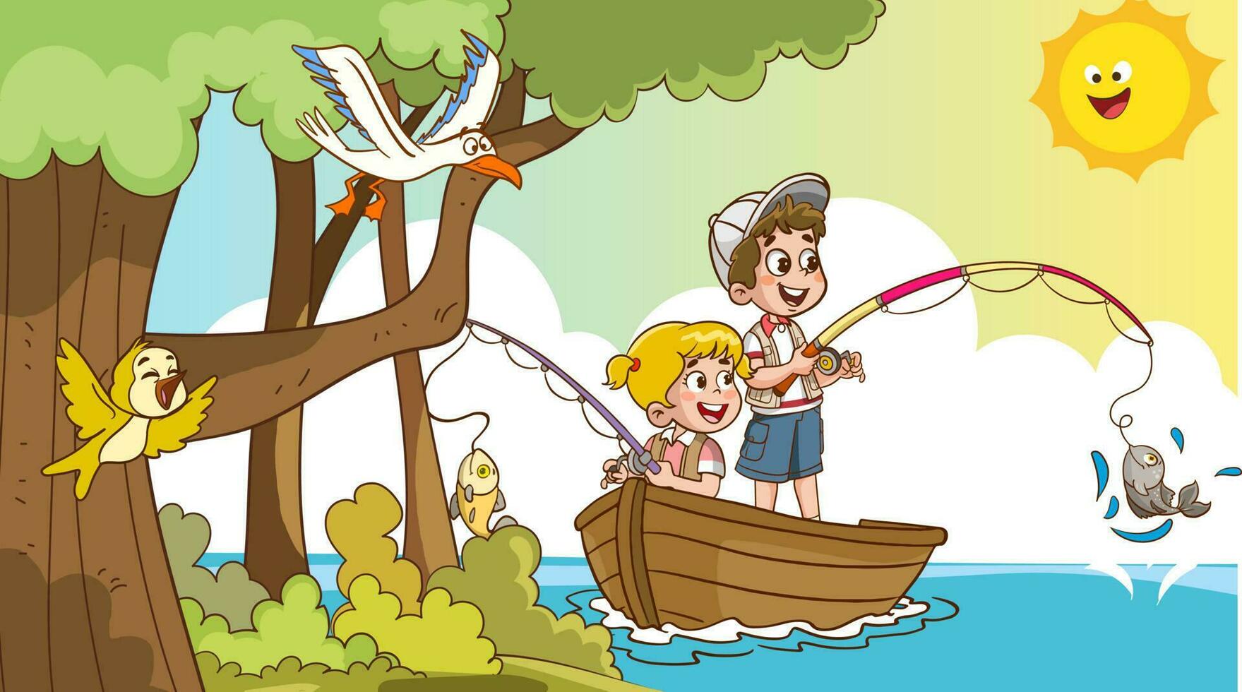 kids fishing cartoon  vector illustration