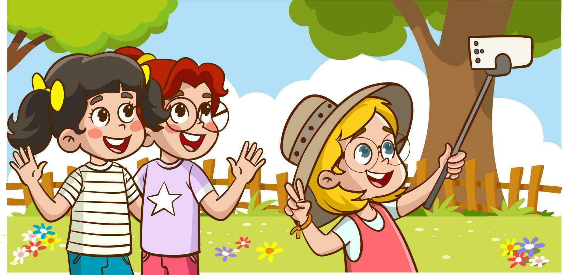 linda niños tomando selfie con teléfono dibujos animados vector