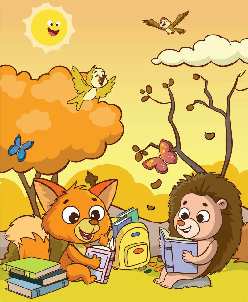 cute animals reading under the tree cartoon vector
