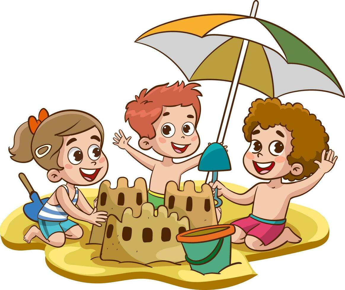 Sand castle. Boy girl build home on beach. Cartoon children playing on vacation, flat cute kids vector characters