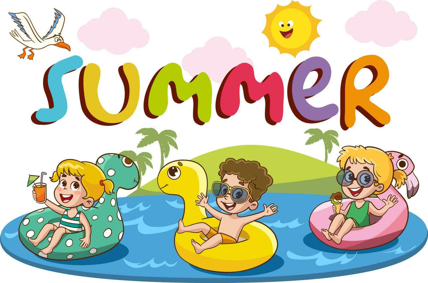Flat Summer Poster with Cartoon Character and kids having fun cartoon vector