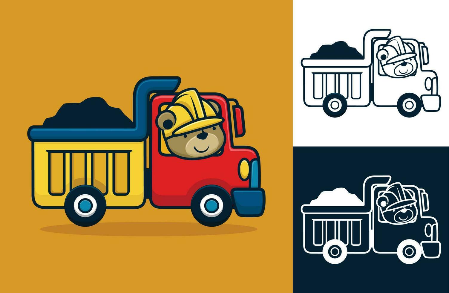 Funny bear wearing helmet driving truck. Vector cartoon illustration in flat icon style