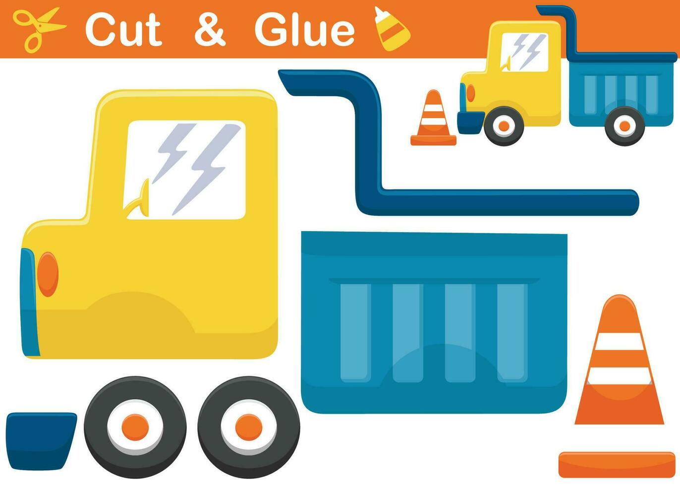 Dump truck with traffic cone. Cutout and gluing. Vector cartoon illustration