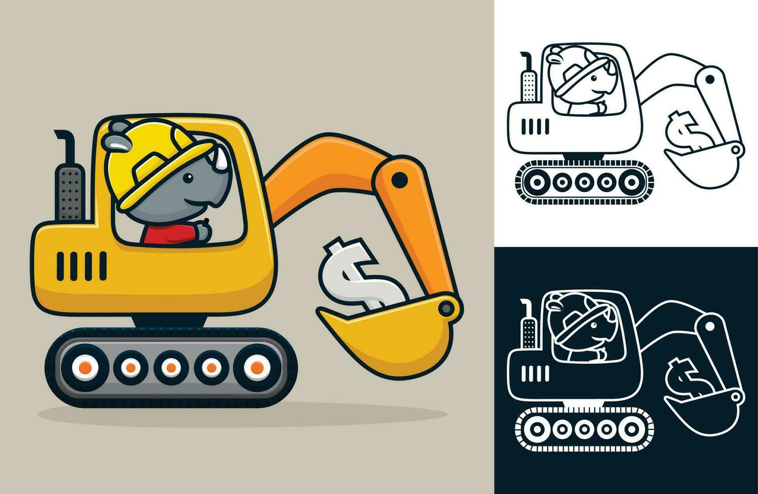 rinoceronte vistiendo trabajador casco en construcción vehículo con dólar símbolo. vector dibujos animados ilustración en plano icono estilo
