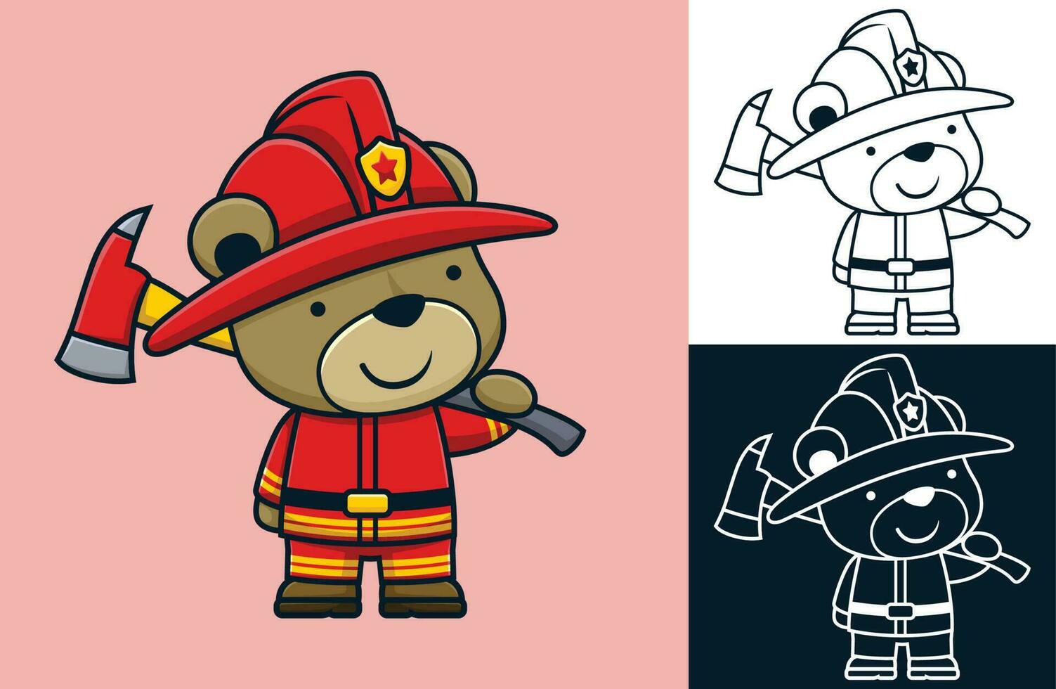 Funny bear in fireman uniform holding fireman axe. Vector cartoon illustration in flat icon style