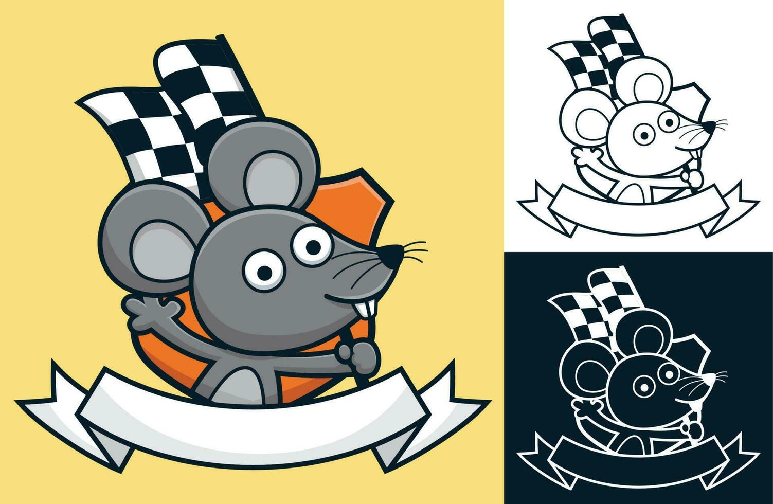 Funny mouse holding checkered flag with ribbon logo decoration. Vector cartoon illustration in flat icon style