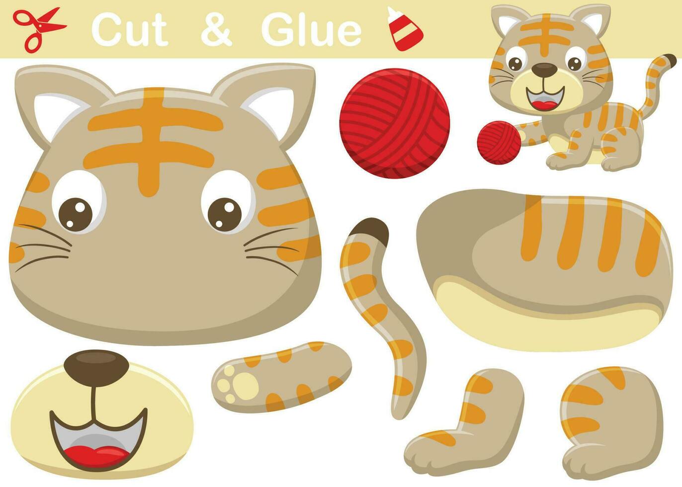 Funny cat playing yarn ball. Education paper game for children. Cutout and gluing. Vector cartoon illustration