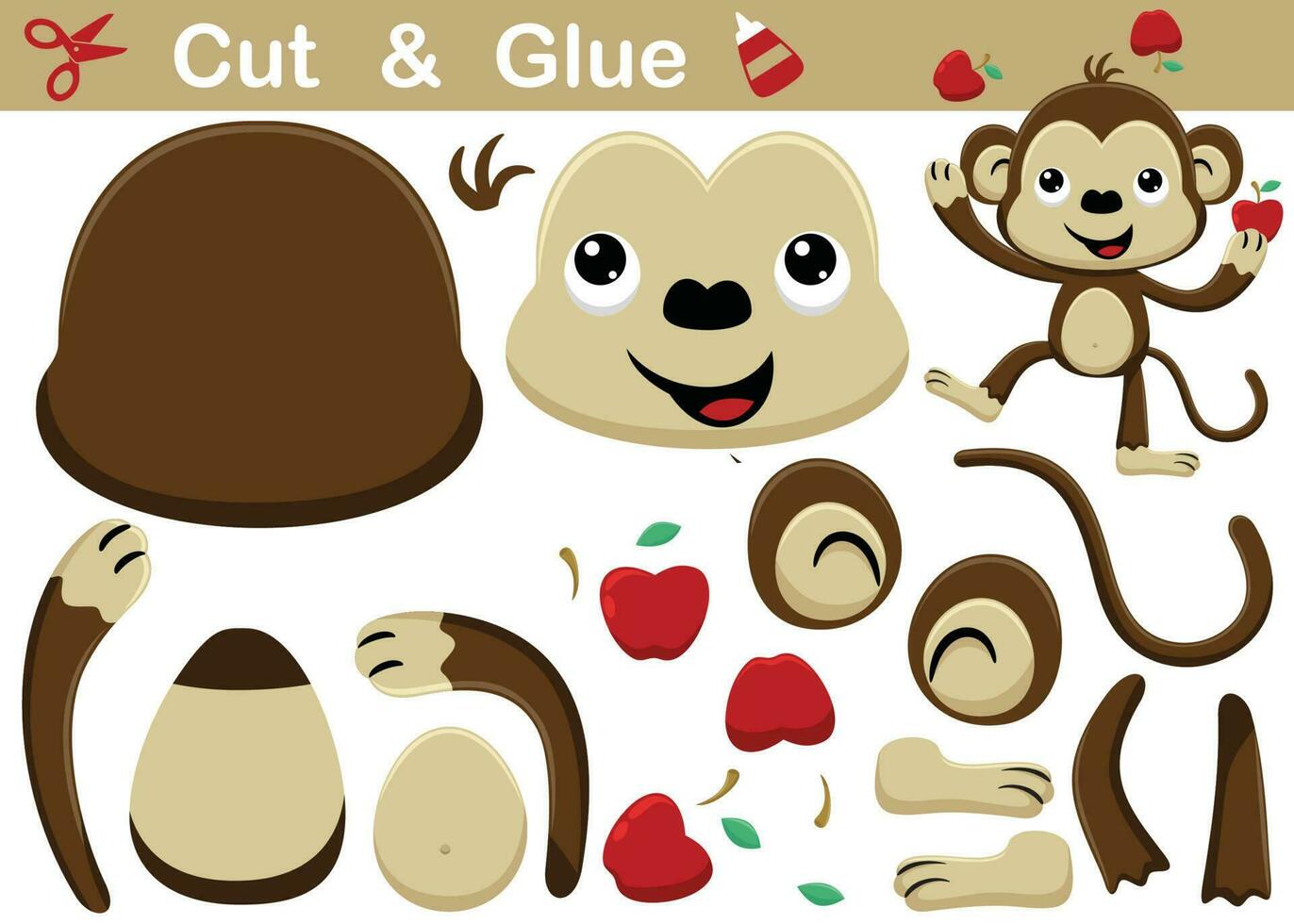 Funny monkey juggling fruits. Education paper game for children. Cutout and gluing. Vector cartoon illustration