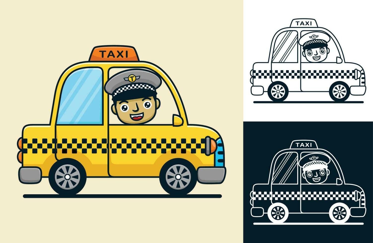 amarillo Taxi con sonriente conductor. vector dibujos animados ilustración en plano icono estilo