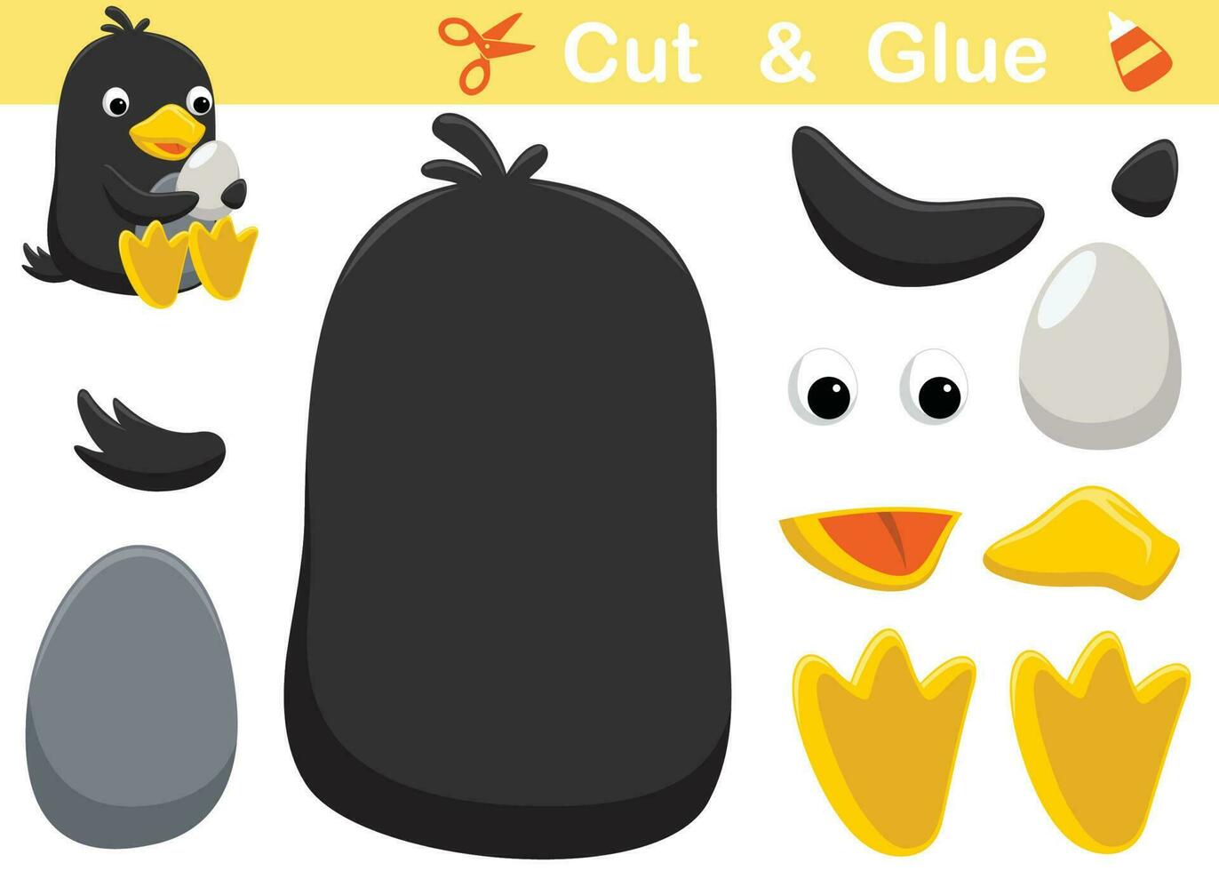 Cute penguin with egg. Education paper game for children. Cutout and gluing. Vector cartoon illustration