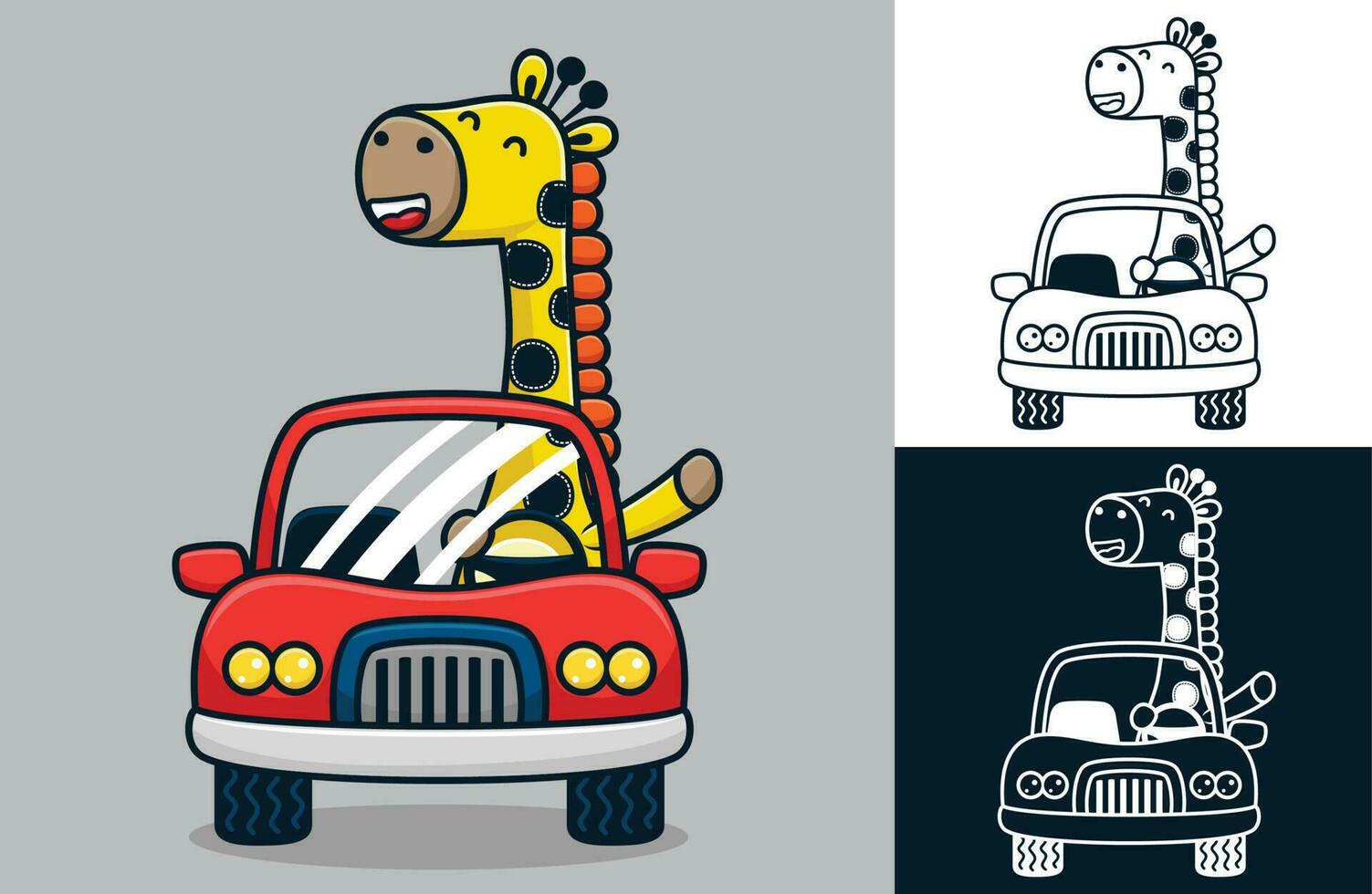 Happy giraffe driving car. Vector cartoon illustration in flat icon style