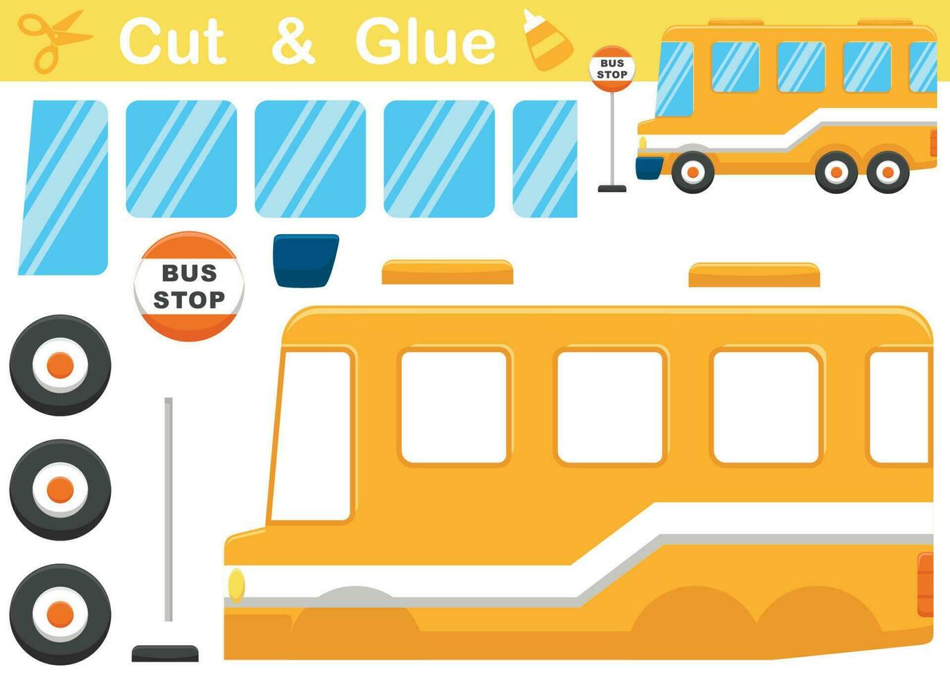 Yellow school bus with stop sign. Education paper game for children. Cutout and gluing. Vector cartoon illustration