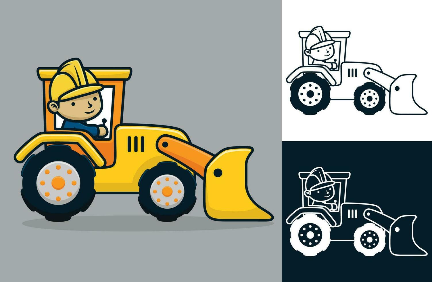 A young worker driving construction vehicle. Vector cartoon illustration in flat icon style