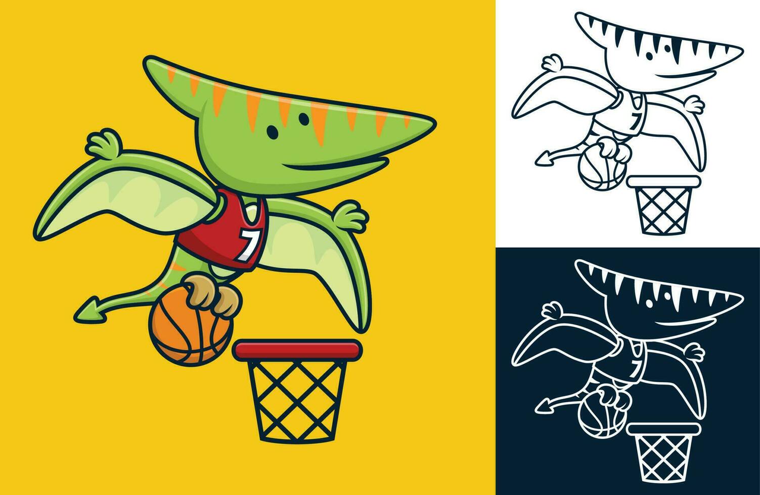 Funny pterodactyl playing basketball. Vector cartoon illustration in flat icon style