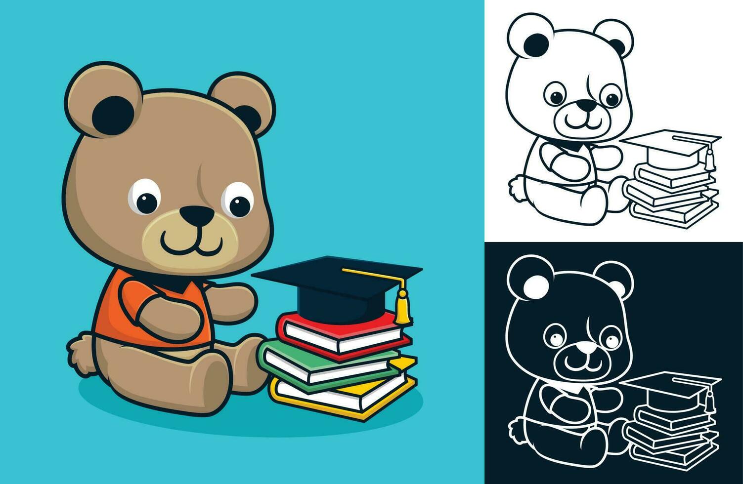 Little bear with books and graduation hat. Vector cartoon illustration in flat icon style