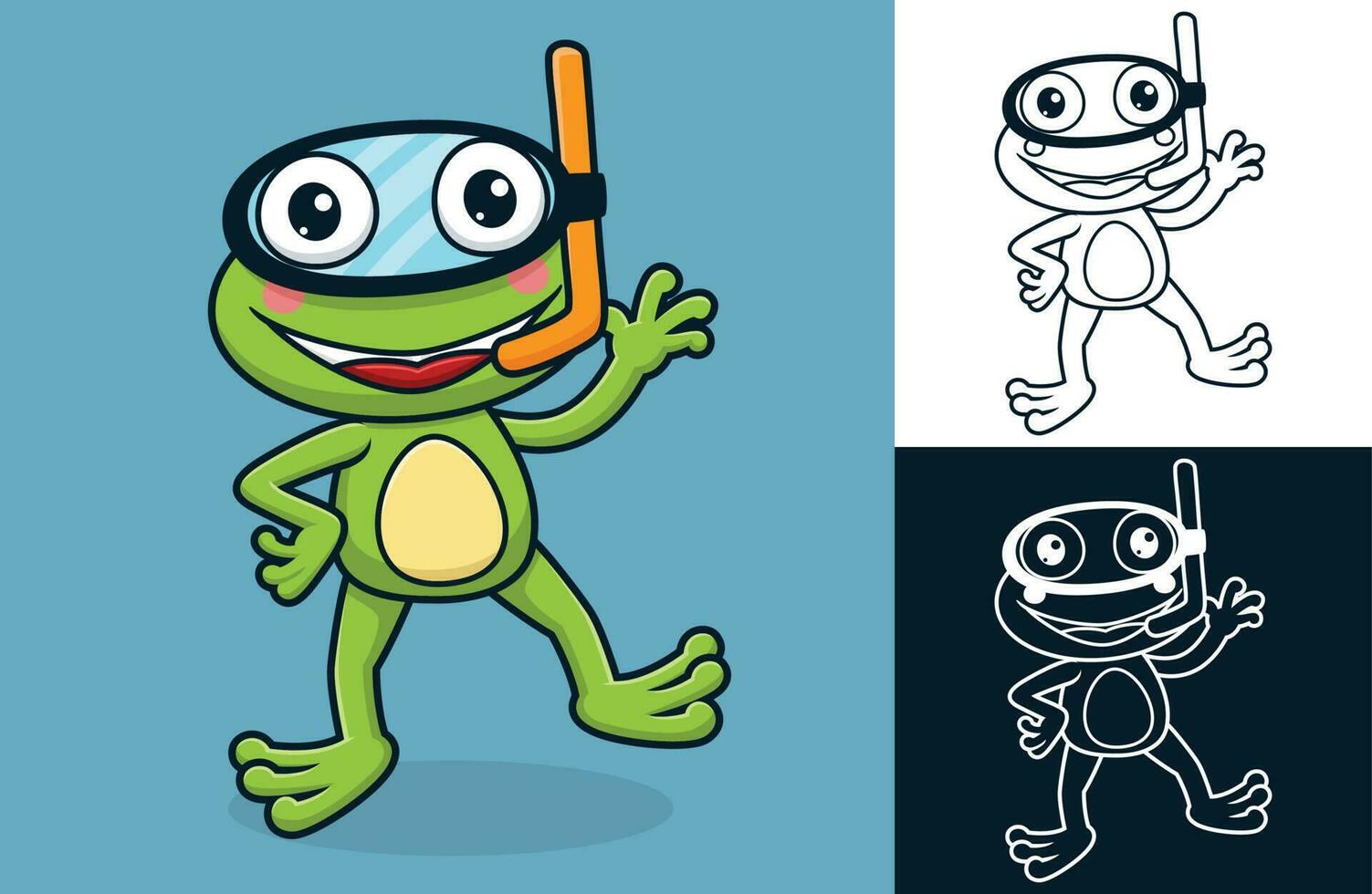 Funny frog wearing diving goggles. Vector cartoon illustration in flat icon style