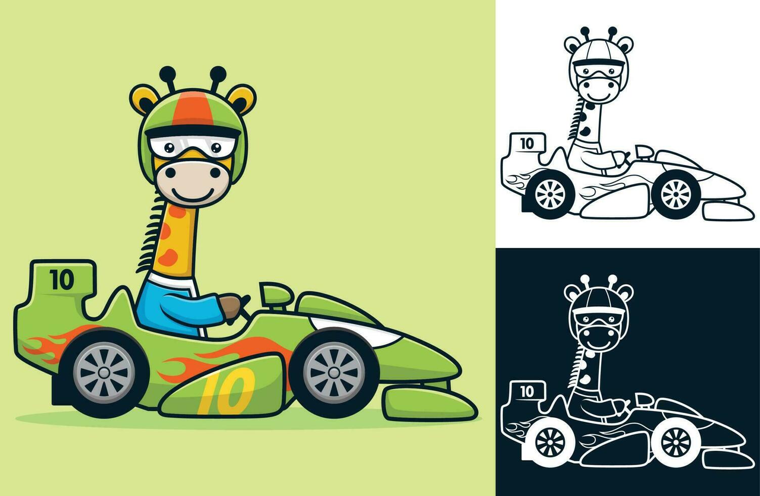 Funny giraffe wearing helmet driving racing car. Vector cartoon illustration in flat icon style