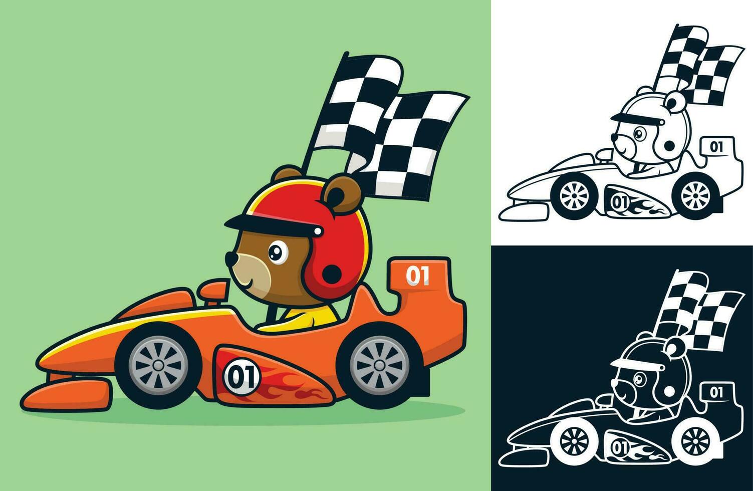 gracioso oso en carreras coche que lleva a cuadros bandera. vector dibujos animados ilustración en plano icono estilo