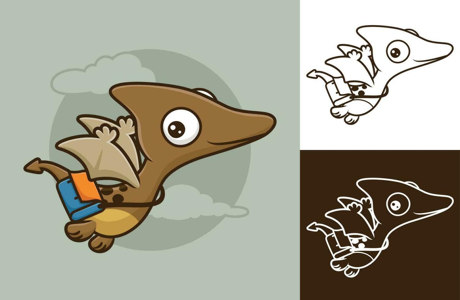 gracioso pterosaurio que lleva bolsa. vector dibujos animados ilustración en plano icono estilo