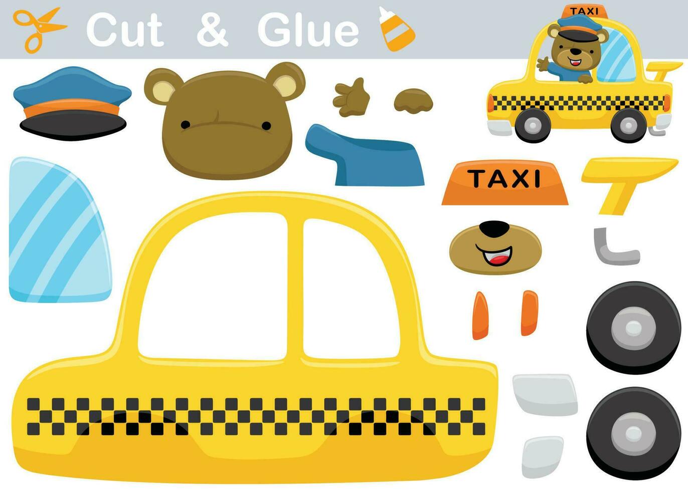 Cute bear on taxi. Education paper game for children. Cutout and gluing. Vector cartoon illustration